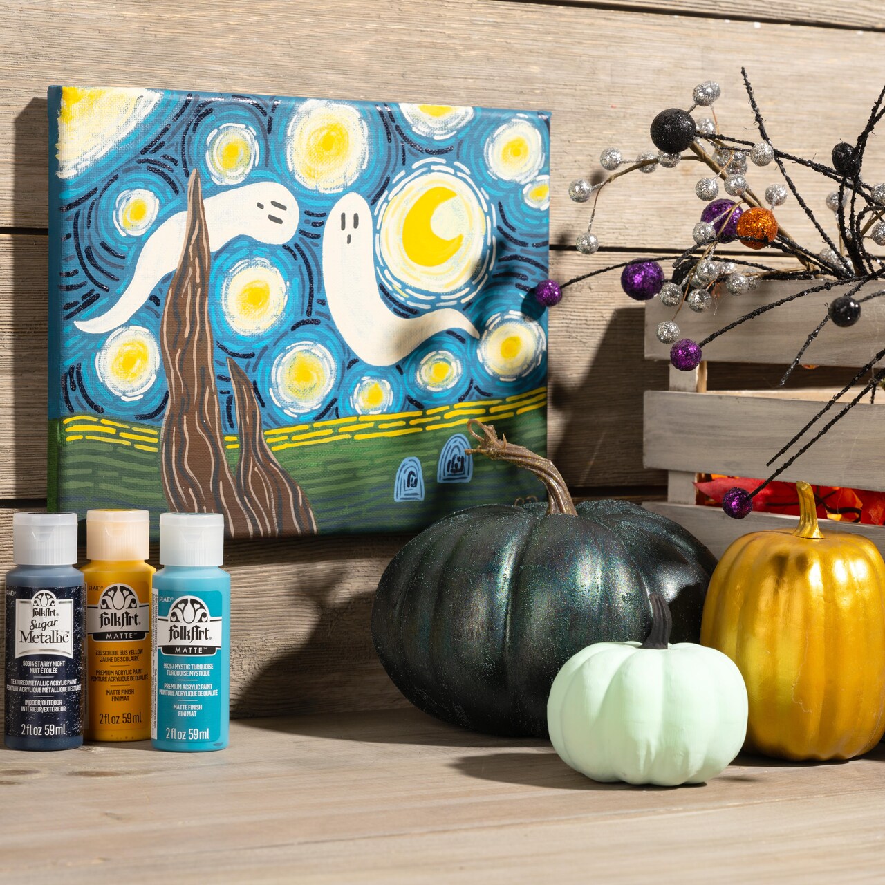 Painted Vincent Van Gogh Inspired Halloween Scene with FolkArt Acrylics